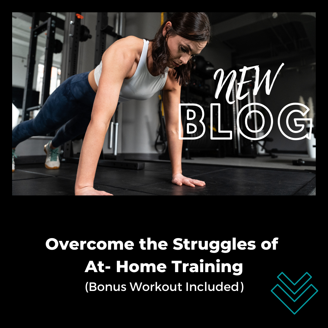 Female Personal Trainer performing a push up in gym setting. She is wearing a white sports bra and blue leggings. Text on photo: New Blog- Overcome the struggles of at home training (bonus workout included)